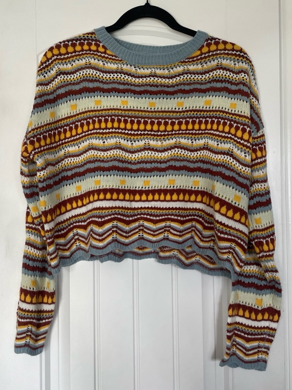 Boho Cropped Sweater Womens Medium Colorful Stripe Geometric Knit Top